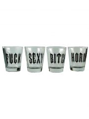 Glasset mit Schriftzug