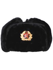 Russische Wintermütze schwarz mit Abzeichen