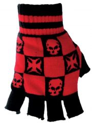 Fingerlose Handschuhe Eisernes Kreuz Totenköpfe rot