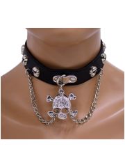 Leder Choker Halsband Totenkopf mit Kette