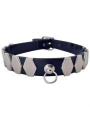 Leder Choker Halsband 6 eckige Nieten und Ring