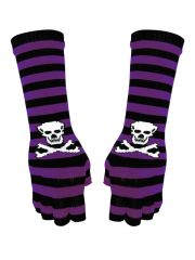 Fingerlose Stulpenhandschuhe lila Streifen Totenkopf