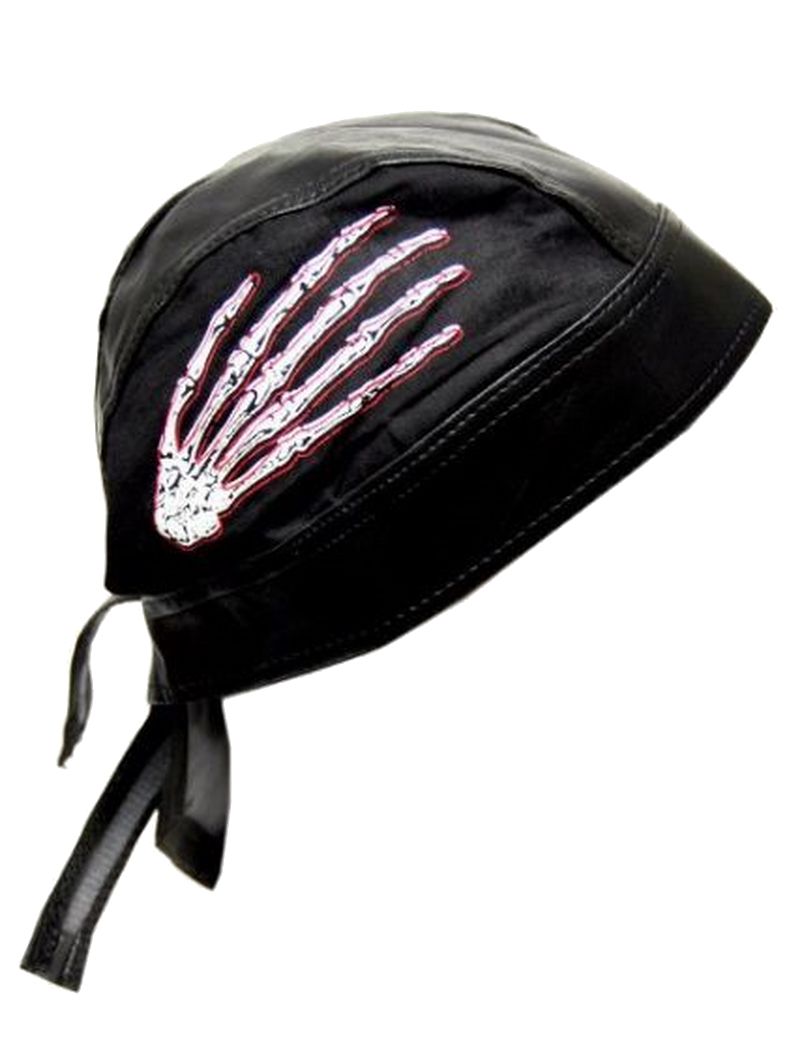 Bandana Cap Kunstleder schwarz Skelett Hand