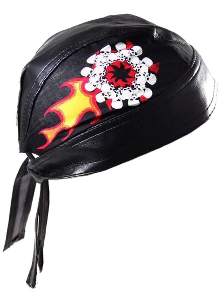 Bandana Cap Kunstleder schwarz Skulls on Fire