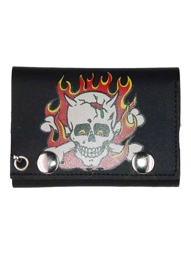 Geldbeutel mit Kette brennender Totenkopf