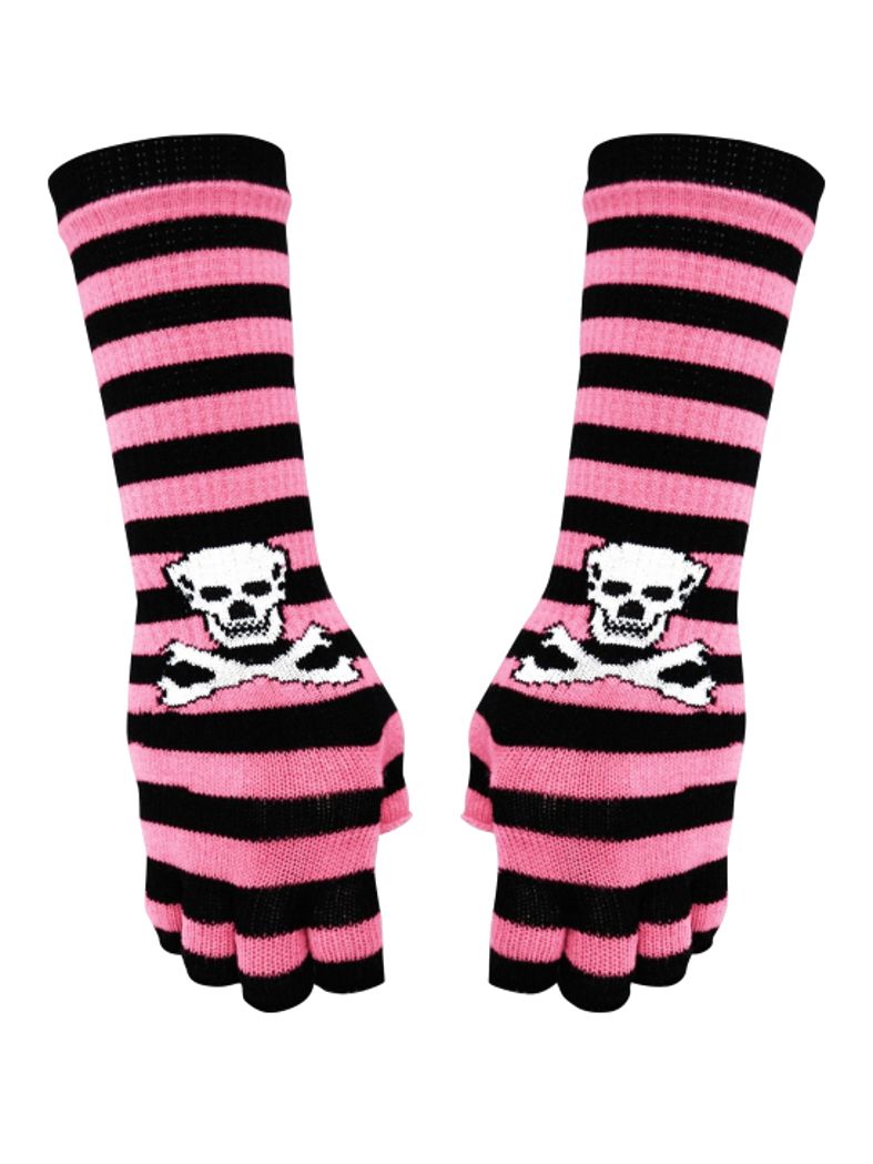 Fingerlose Stulpenhandschuhe rosa Streifen Totenkopf