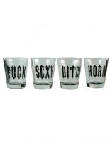 Glasset mit Schriftzug
