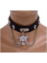 Leder Choker Halsband Totenkopf mit Kette