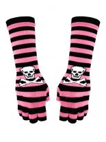 Fingerlose Stulpenhandschuhe rosa Streifen Totenkopf