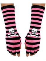Fingerlose Stulpenhandschuhe rosa Streifen Totenkopf