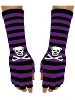 Fingerlose Stulpenhandschuhe lila Streifen Totenkopf