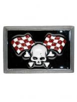 Gürtelschnalle Totenkopf mit Zielflagge